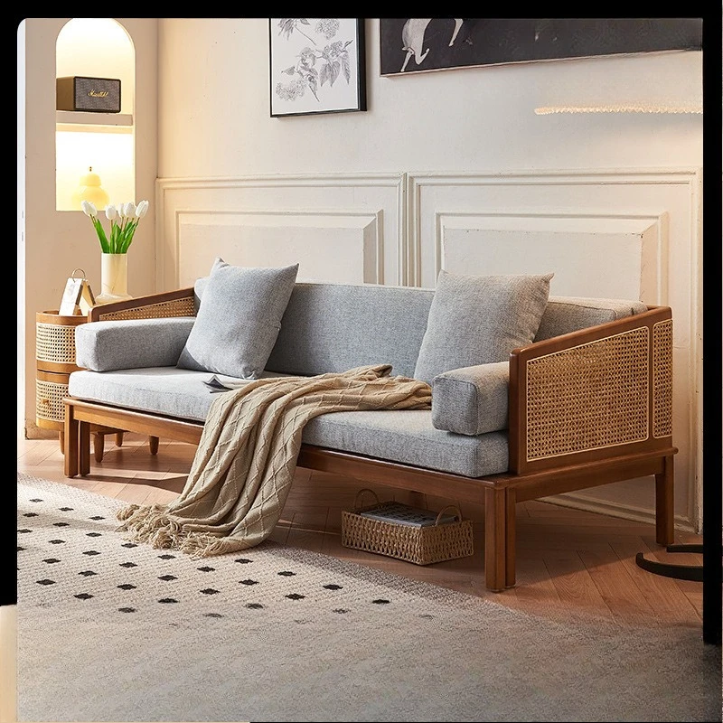 

New Chinese rattan solid wood sofa bed wabi-**** wind living room fabric ash wood three-person removable and washable dual-purpo