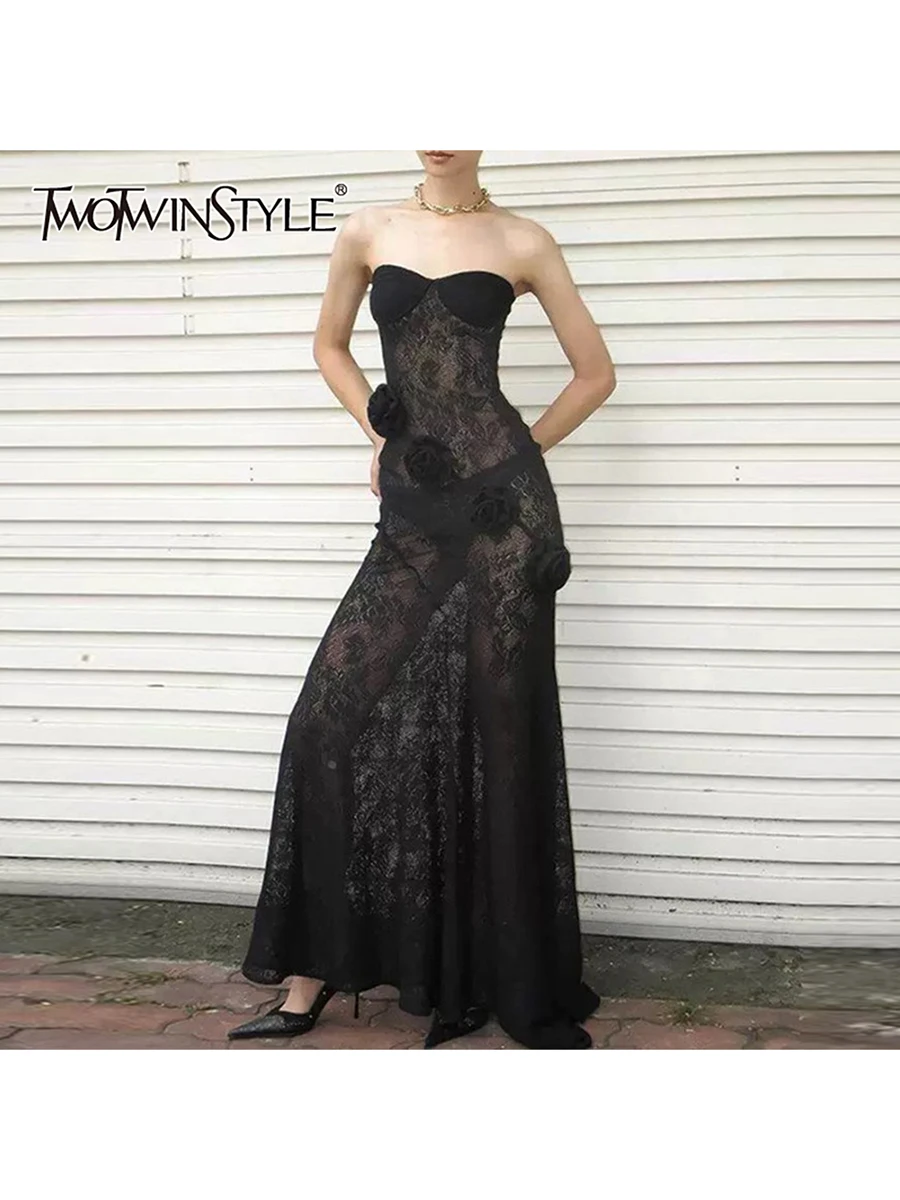 TWOTWINSTYLE Slimming Sheer Spliced Lace Sexy Long Dresses for Women Strapless Sleeveless Patchwork 3D Flower Dress Female New
