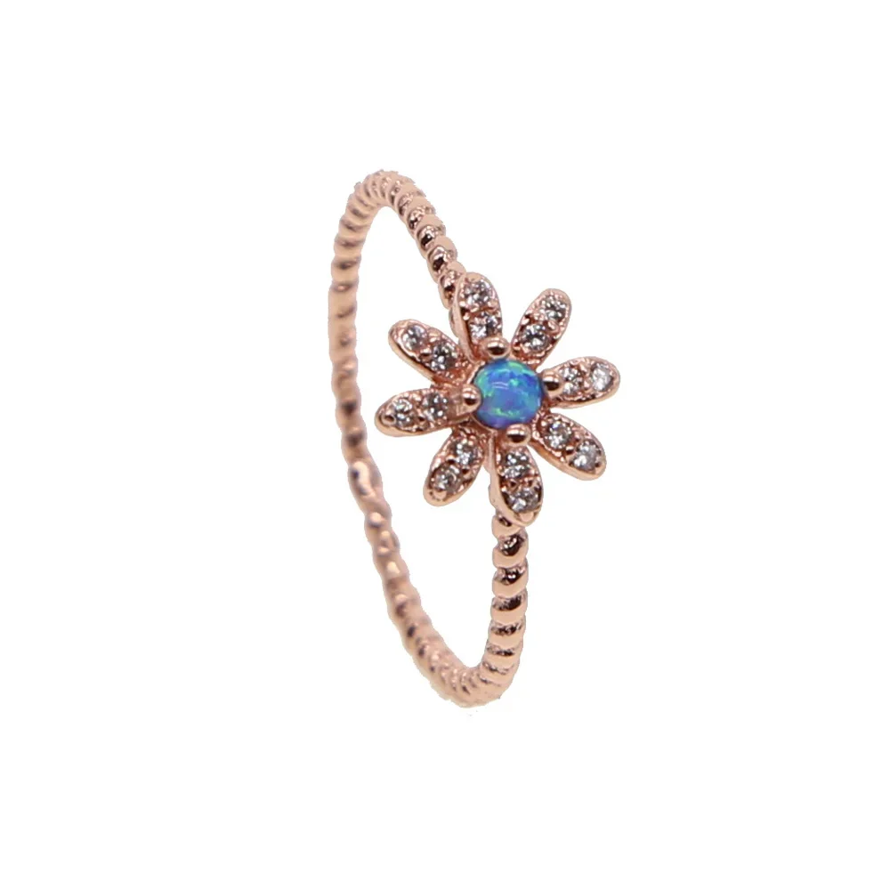 New Sale Blue Opal Jewelry Rose Gold Color Dainty Shiny Austrian Crystal Daisy Flower Ring Cute Girl Women Elegance Wedding Ring