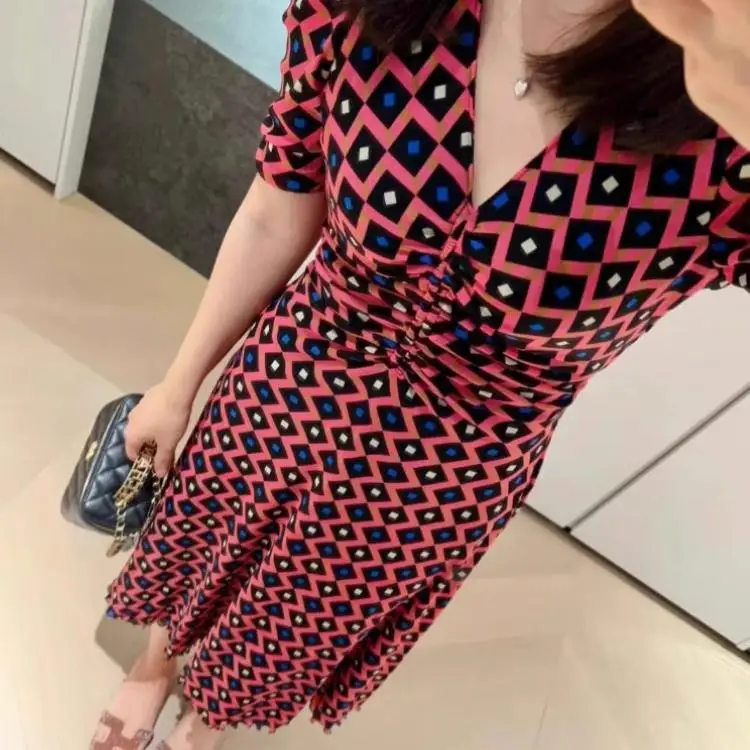 

Ele Summer New Fairy Skirt Double Sided Print V Ne a Line Dr Elastic Net Tea Break Dr Charming mid Length Midi Dr