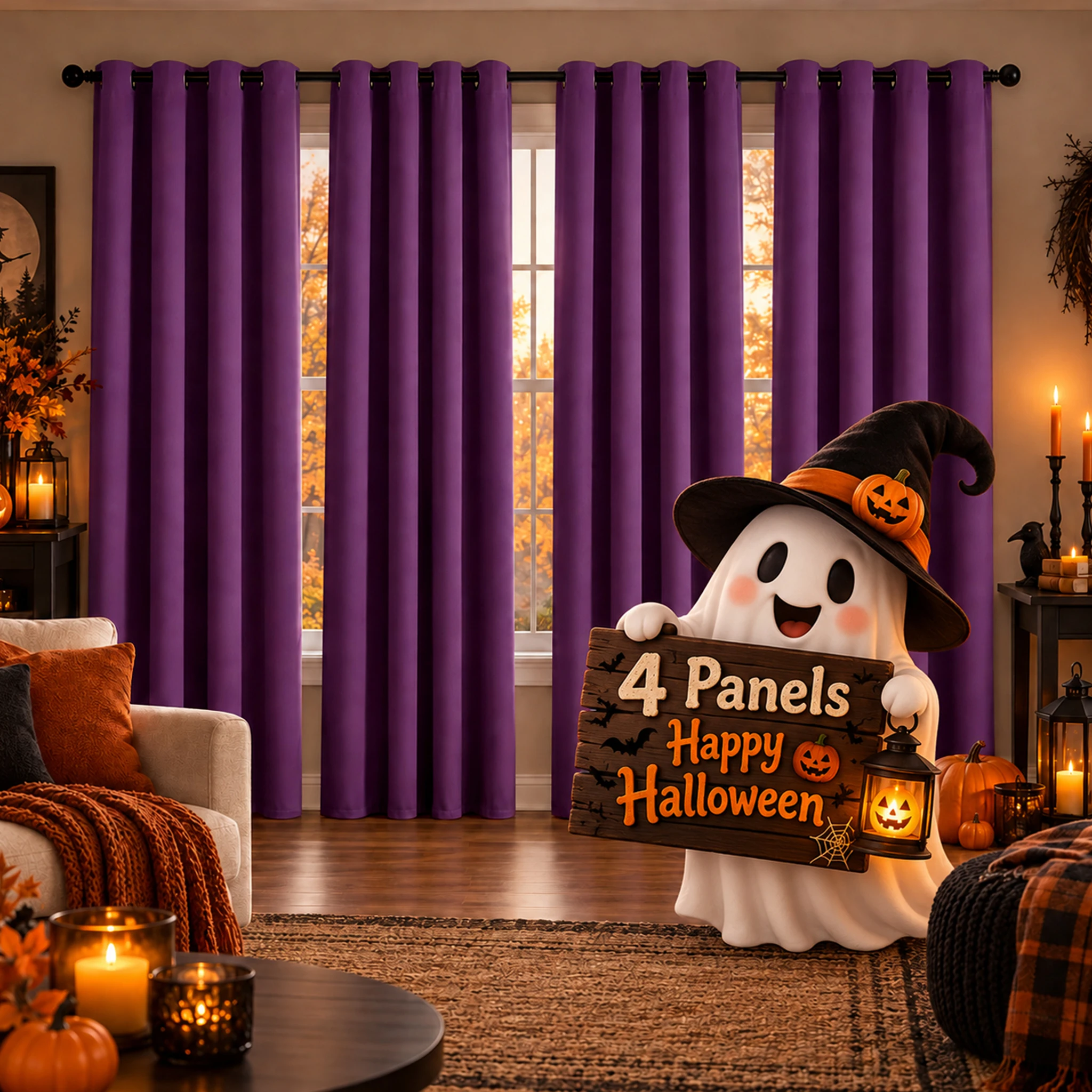 4 Panels Purple Blackout Curtains 100% Light Blocking Waterproof Black Backing Thermal Insulated Noise Reducing Halloween Curtains