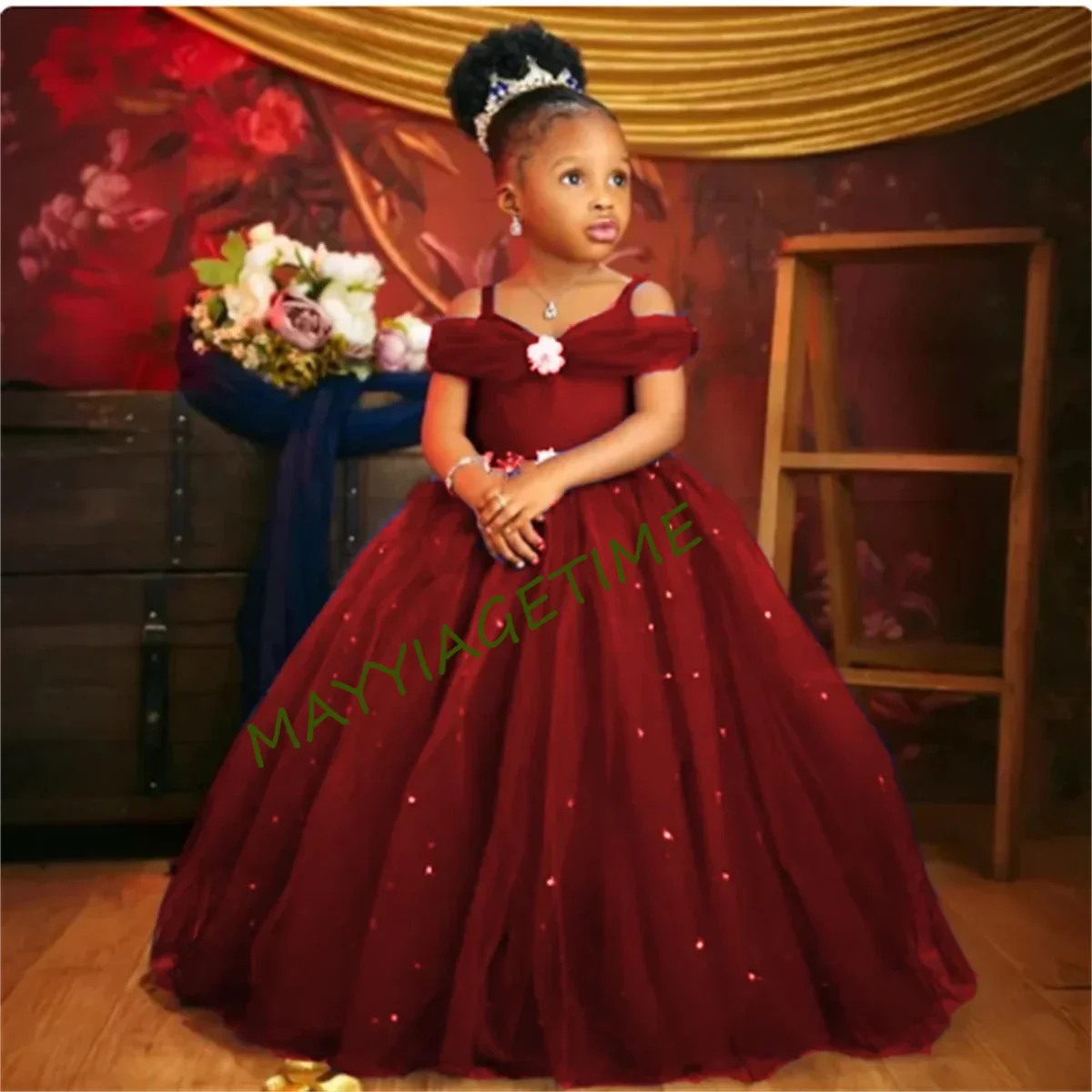 Green/Burgundy Pearl Flower Girl Dress Spaghetti Straps Tulle Toddler Kids Princess Pageant Dress Communion Wedding Party Gowns