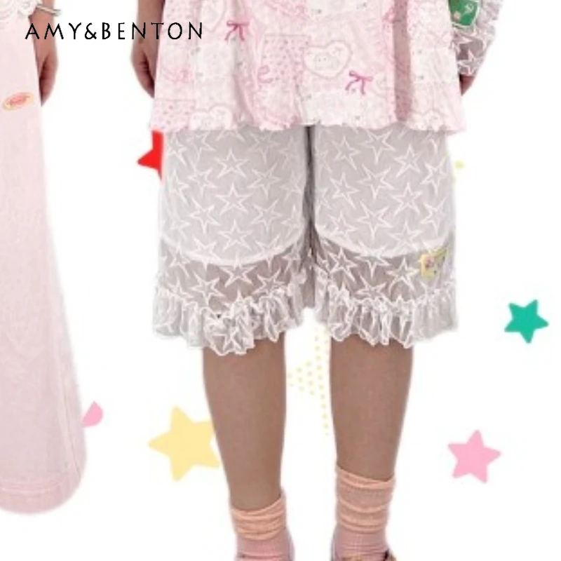 

Original Design Star Print Lace Cute Trim Women's Capris Japanese 2025 Summer New Elastic Waist Layered Mid-length Pants Ladies
