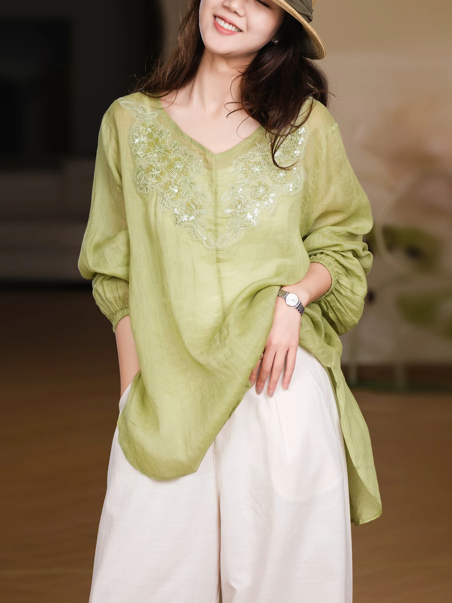 Heavyweight Long Sleeve T-Shirt Women's Loose Fit Lantern Sleeve Embroidered Bead Detailing Cotton Linen Blend round Neckline
