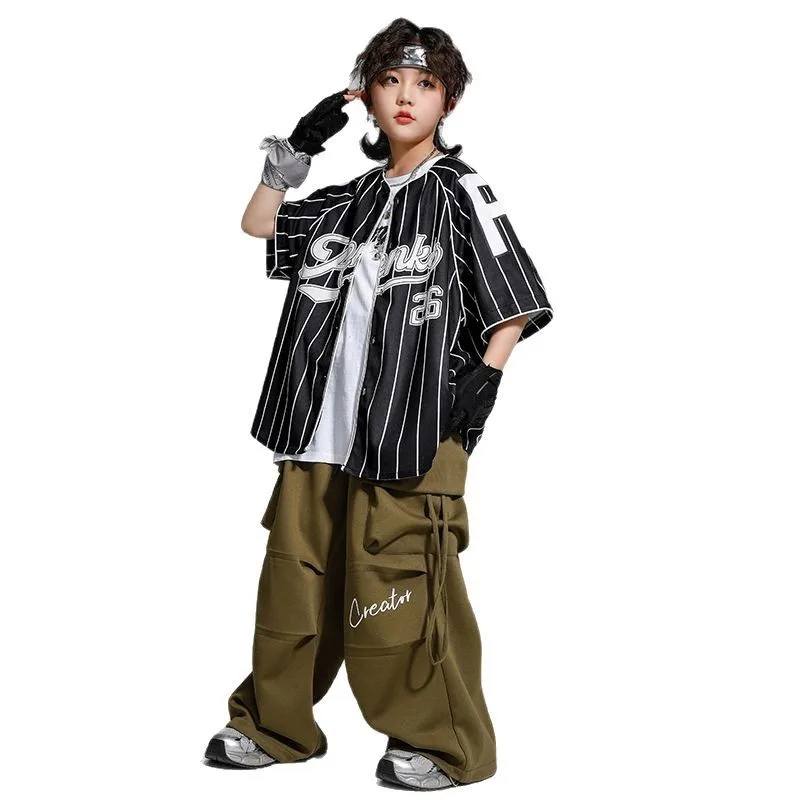 

Kid Hip Hop Clothing Black Stripe Baseball Cardigan Shirt Army Green Casual Pleat Cargo Pants for Girl Boy Dance Costume Clothes
