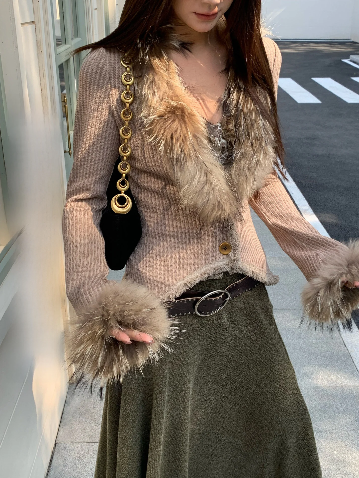 

Early Spring Design Unisex Removable Fur Collar Knitted Open Cardigan Women's Versatile Slimming Top Polyester Fiber Long...