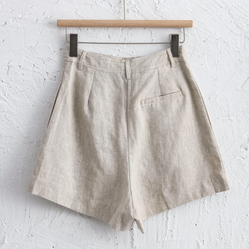 2024 Summer 100% Linen Women\'S Shorts Casual High Waist Wide Leg Button Up Elegant Ol Short Pants Femme