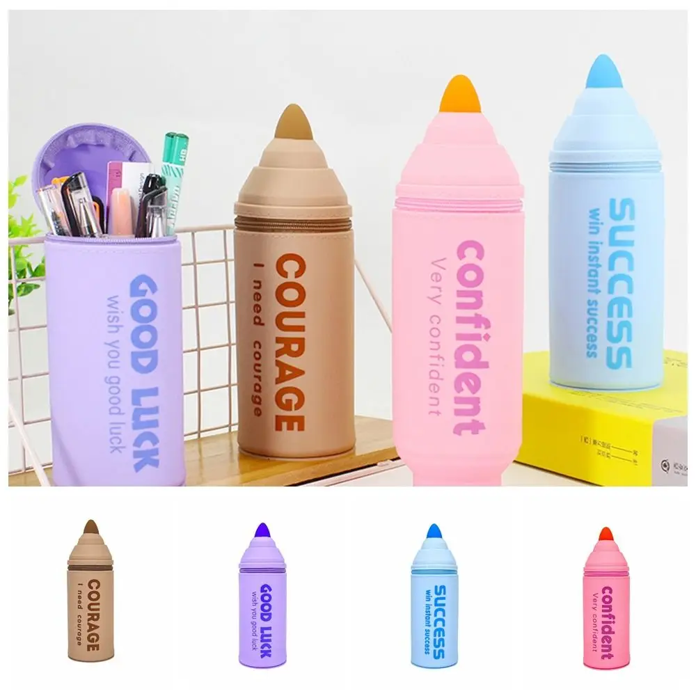 

Pen Shaped Pencil Case New Waterproof with Suction Cup Desktop Organizer Zipper Silicone Makeup Brushes Holder