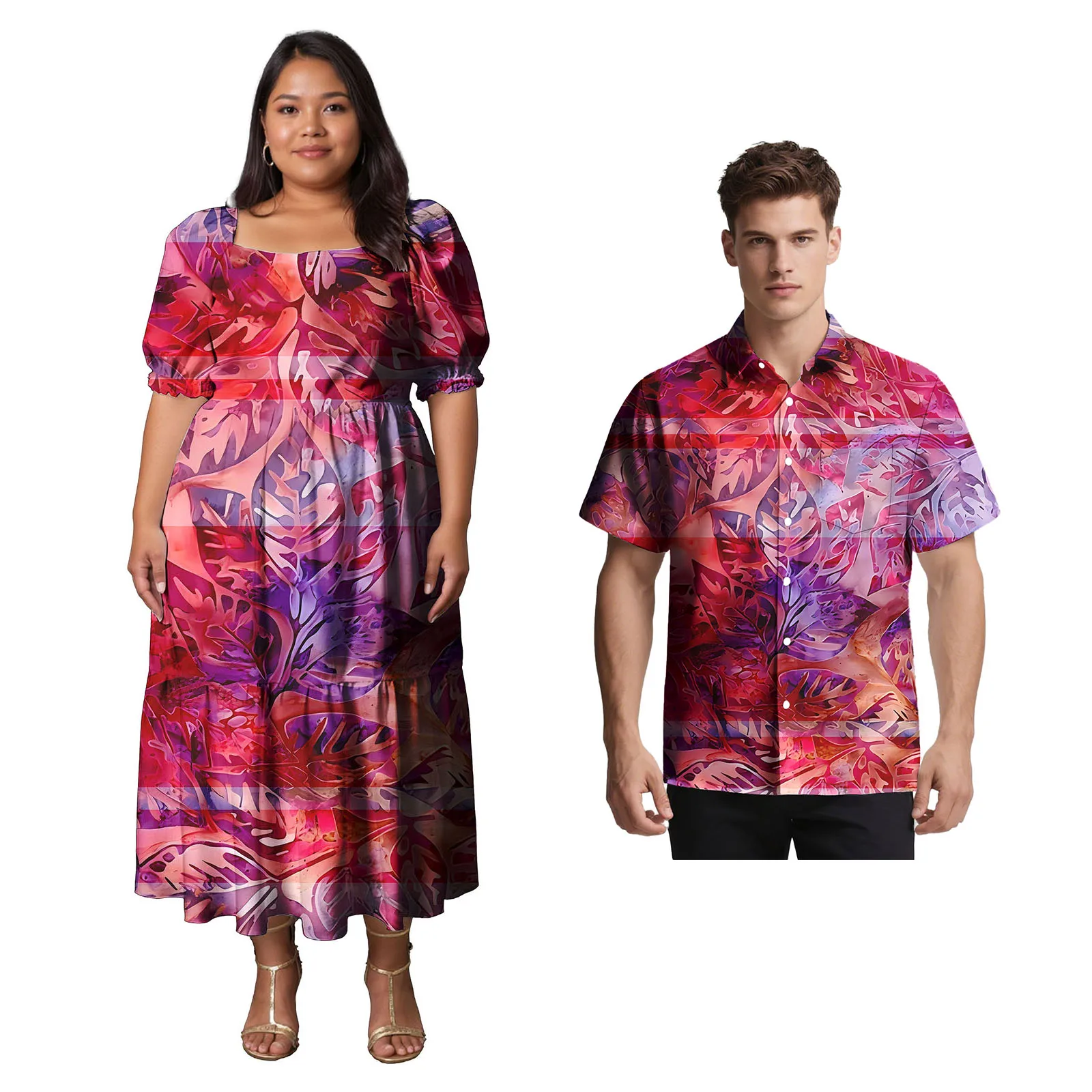 Süße Liebhaber Kleidung Benutzerdefinierte Polynesian Männer Umlegekragen Hemd Aloha Frauen Einfachheit Langes Kleid Samoan Passendes Paar Set