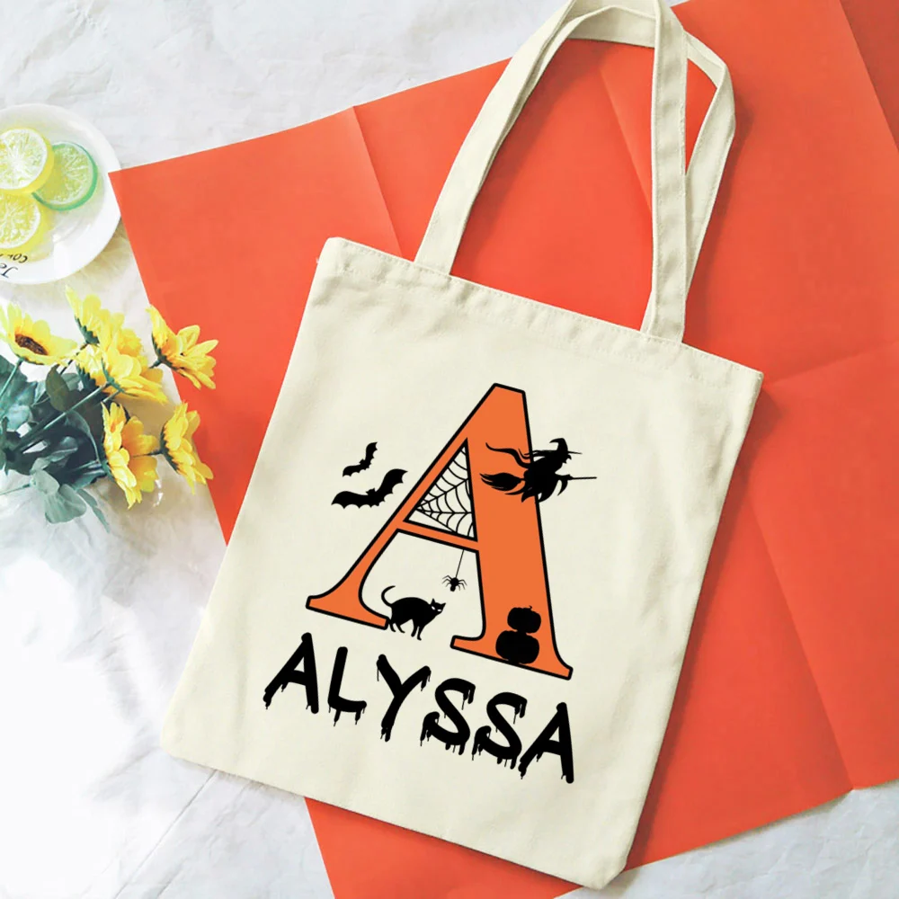 Personalized Halloween Tote Bag Letter with Name Halloween Party Trick or Treat Bag Child Candy Bags Fall Holiday Gift for Child