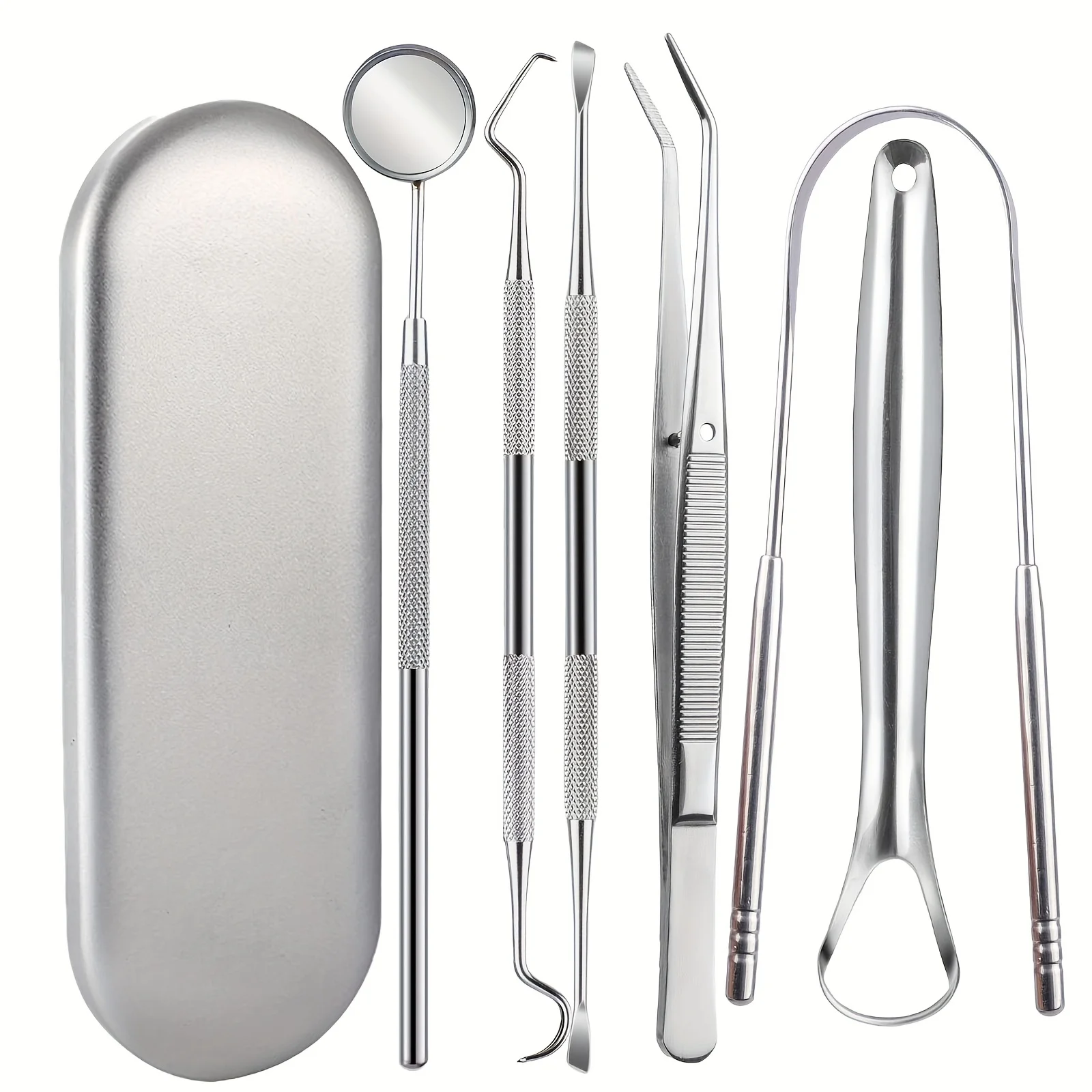 Kit di pulizia dentale in acciaio inossidabile da 6 pezzi per adulti e animali domestici - Detergente per lingua portatile, include scaler, detergente e custodia