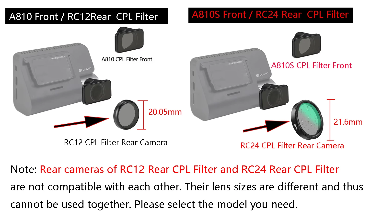 For 70mai CPL Filter Only for 70mai A810 CPL Filter for 70mai RC12 RC24 Rear Camera CPL Filter for 70mai A810s Camer CPL Filter