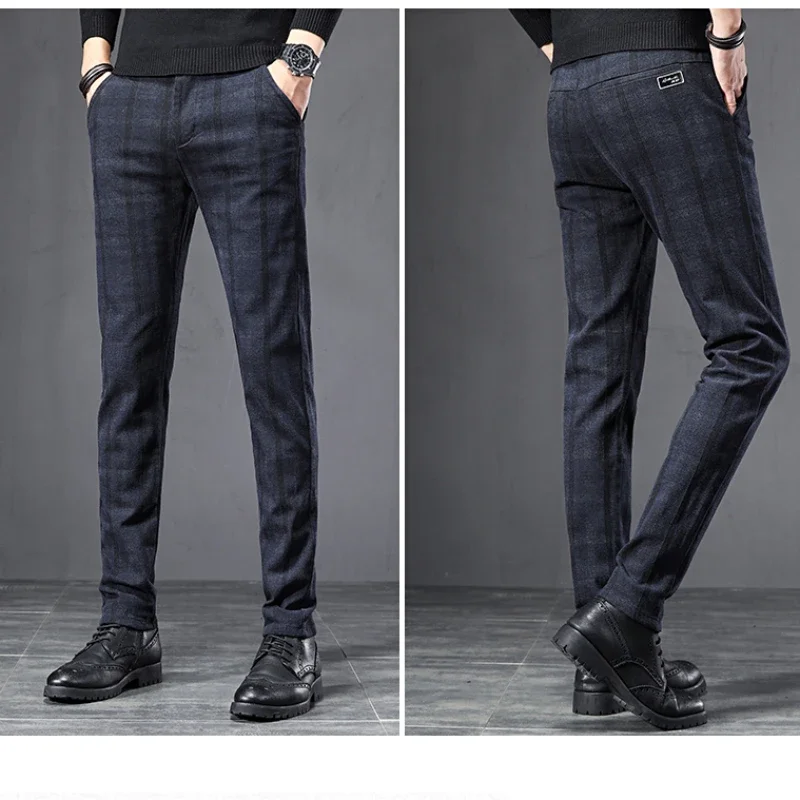 

2023 New Spring England Plaid Work Stretch Pants Men Cotton Business Fashion Slim Grey Blue Casual Pant Male Brand Trouser 38