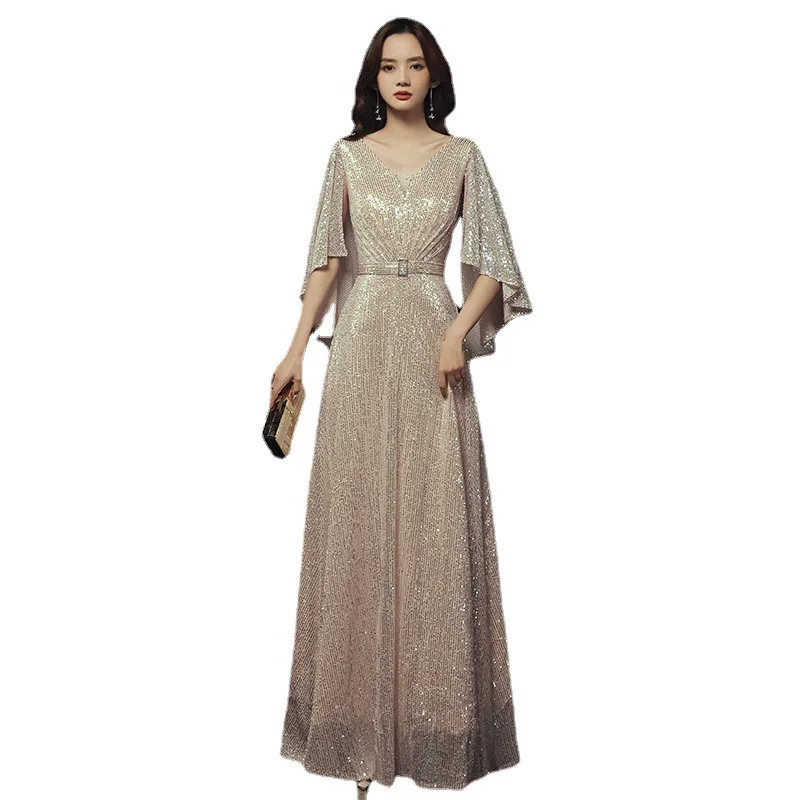 

Sequined Long Formal Evening Dress Champagne Gold Black With Sleeves