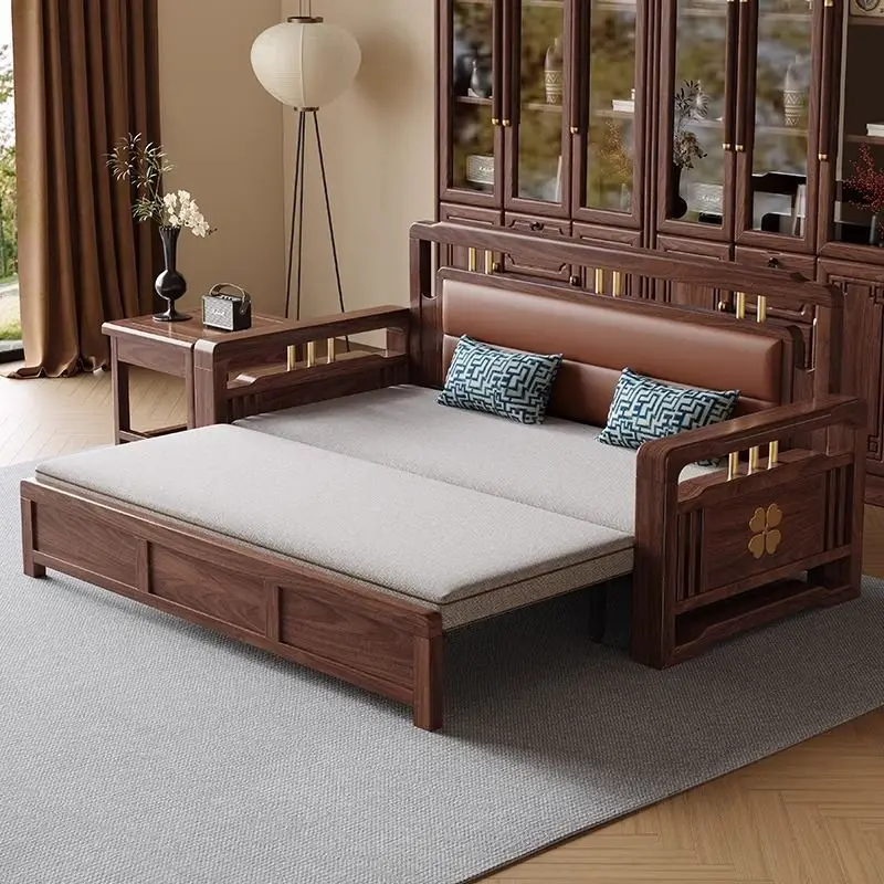 

New Chinese style solid wood multifunctional sofa bed, sitting and sleeping dual-use living room black walnut sliding sofa