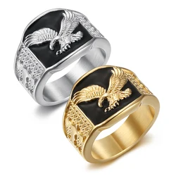 Hip Hop Rock Stainless Steel Hawk Eagle Round Finger Rings for Men Rapper Jewelry Gold Silver Color Drop Shipping