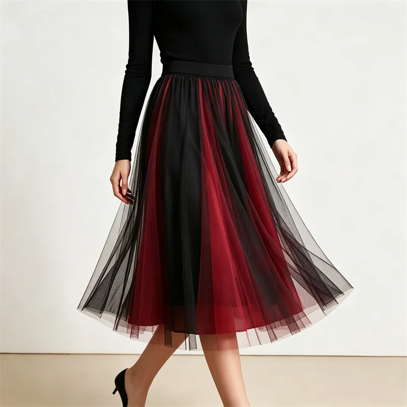 Damen Gothic Mehrschichtiger Tüll-Midirock mit Hoher Taille, A-Linie Mesh-Swingrock, Vintage Schwarz-Roter Tüllrock für Abendpartys – Detail 2
