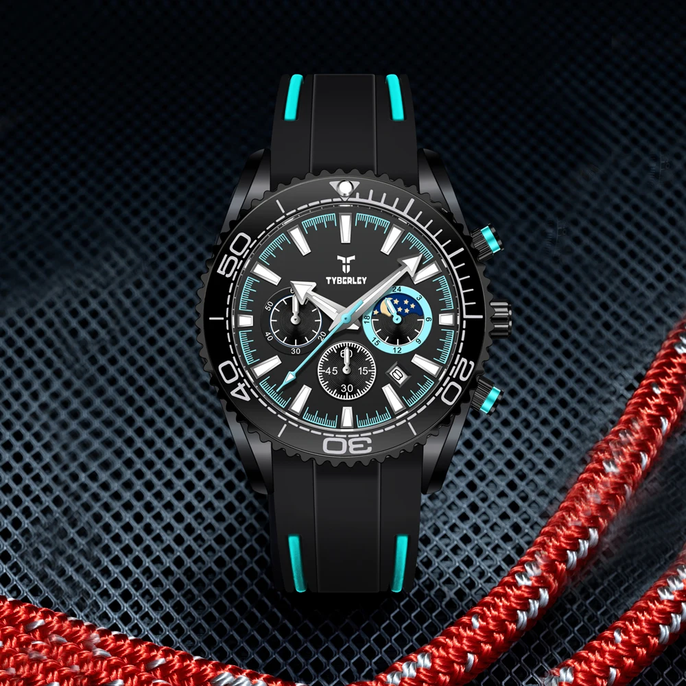 

2025 New TYBERLEY Men's Watches Top Brand Luxury Quartz Watch For Men Chronograph Rubber Waterproof Sports Luminous Clock Gift