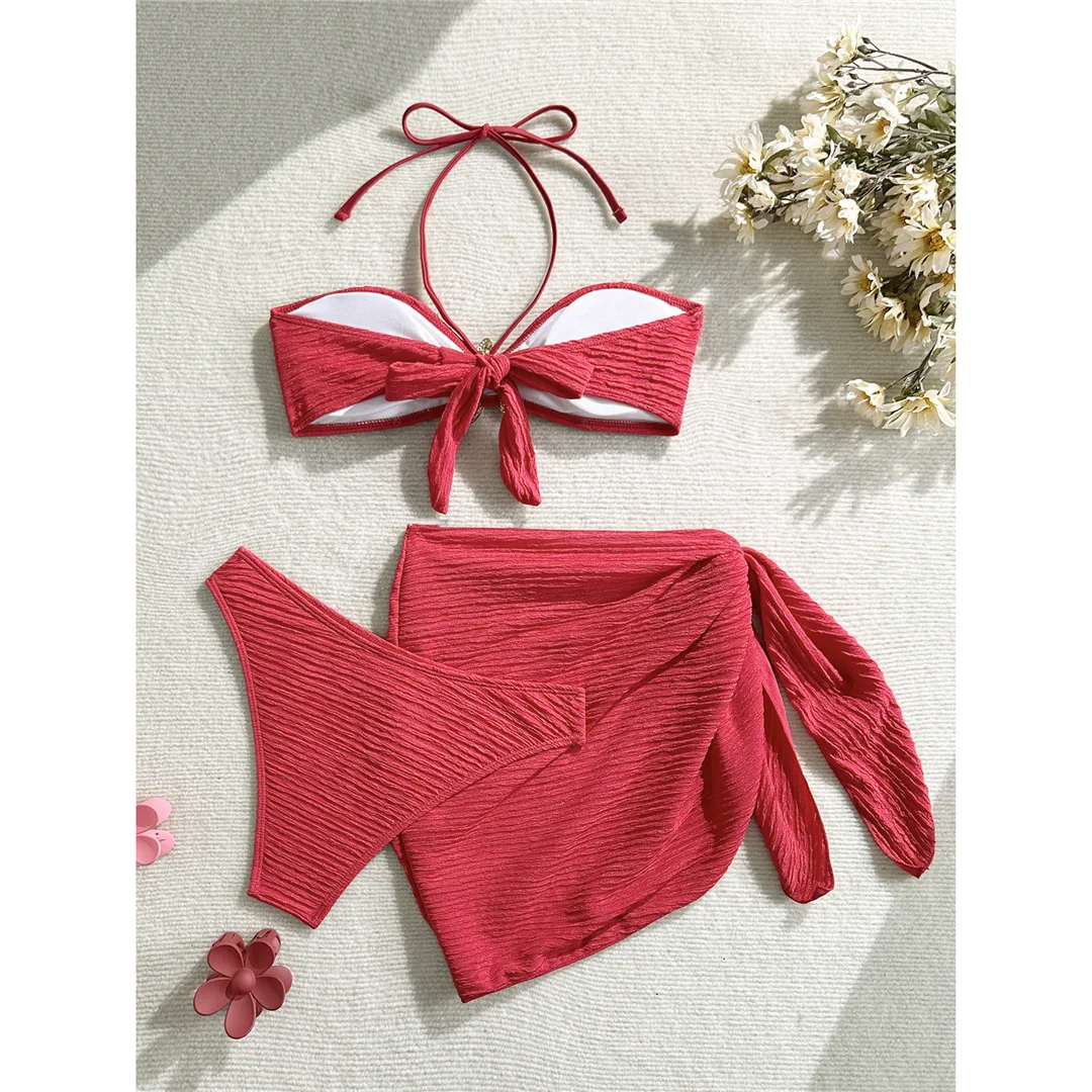 3-teiliges Set mit Sarong, Metallstern-Halterneck-Bikini, Damen-Badeanzug, Damen-Badebekleidung, dreiteiliges Bikini-Set, Badeanzug, Badebekleidung, Schwimmbekleidung V7042 – Detail 28