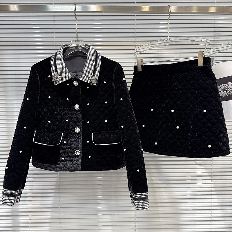 

Зима 2025 года, новый однобортный короткий пиджак во французском стиле с бархатным тиснением и пуховой подкладкой + комплект с короткой юбкой А-силуэта