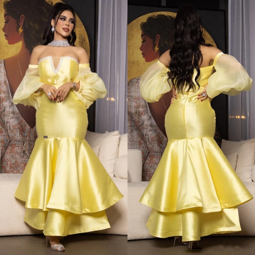 Jiayigong berkilau indah Prom Satin Ruched Formal malam terompet Off-the-shoulder acara Bespoke panjang