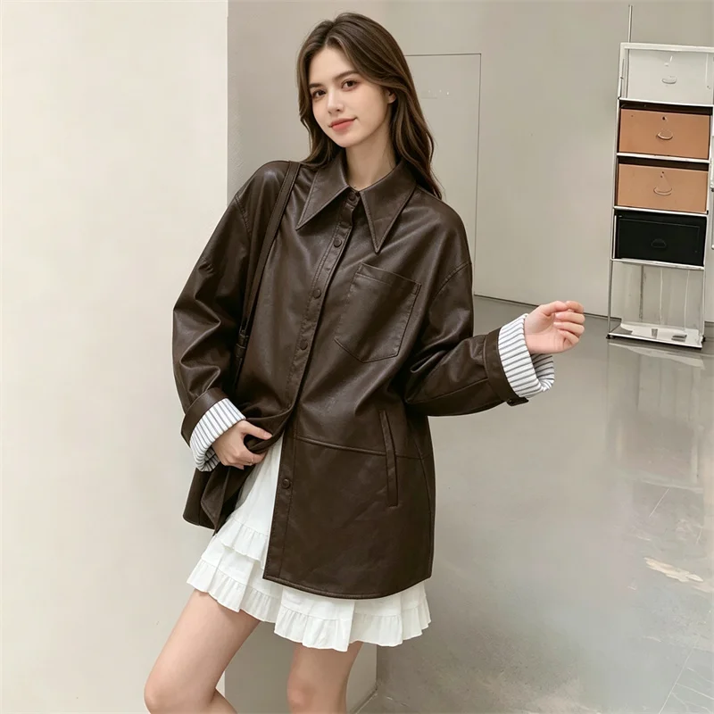 2026 Autumn Winter American Retro Loose Midi PU Leather Jacket Women Color Block Cuff Single Breasted Shirt Coat