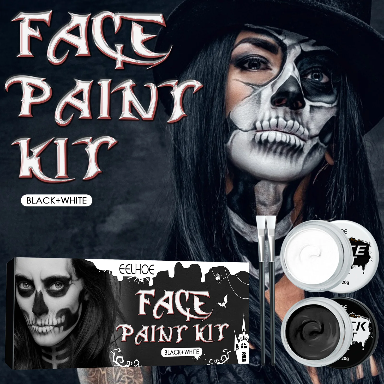 Conjunto de pintura corporal para o Halloween, esqueleto zumbi vampiro, maquiagem facial, preto e branco