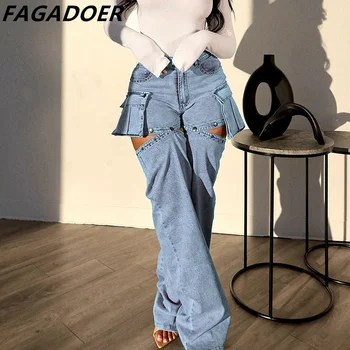 FAGADOER mavi moda Hollow Out düz Denim pantolon kadınlar yüksek belli düğme çıkarılabilir Jean pantolon rahat kovboy dipleri