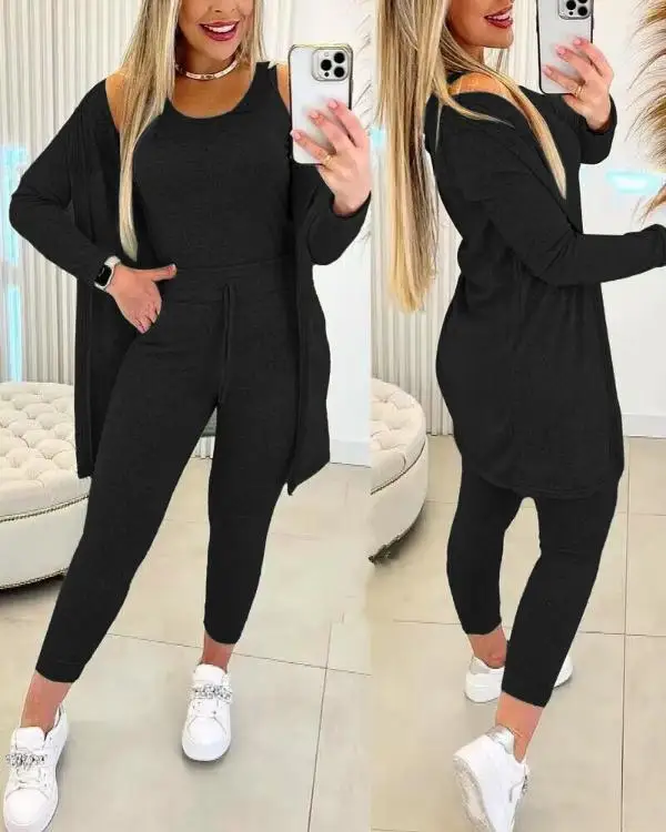 Elegant Fall Outfits Women 2023 Suit Fashion Versatile Casual Round Neck Tank Top & Drawstring Pants Set with Coat Three-piece