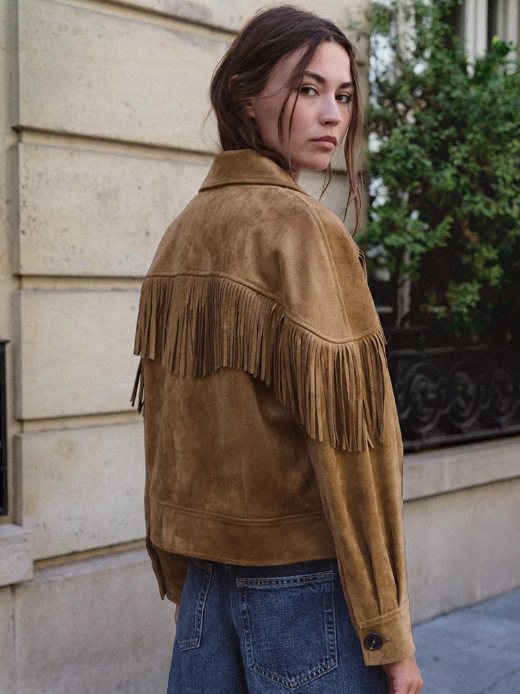 Autumn New Arrival Women's Long Sleeve Notch Collar Tassel Decorated Velvet Jacket Outerwear Casual Style Standard Fit