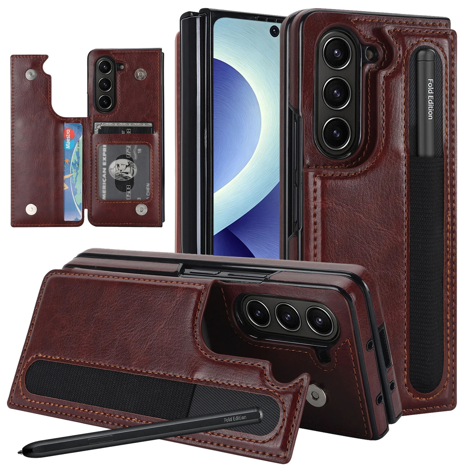 For Samsung Galaxy Z Fold 8 Ultra 7 6 5 4 3 Case Matte Plain Leather Card Packet With Pen Slot Shockproof Back Cover Accessories