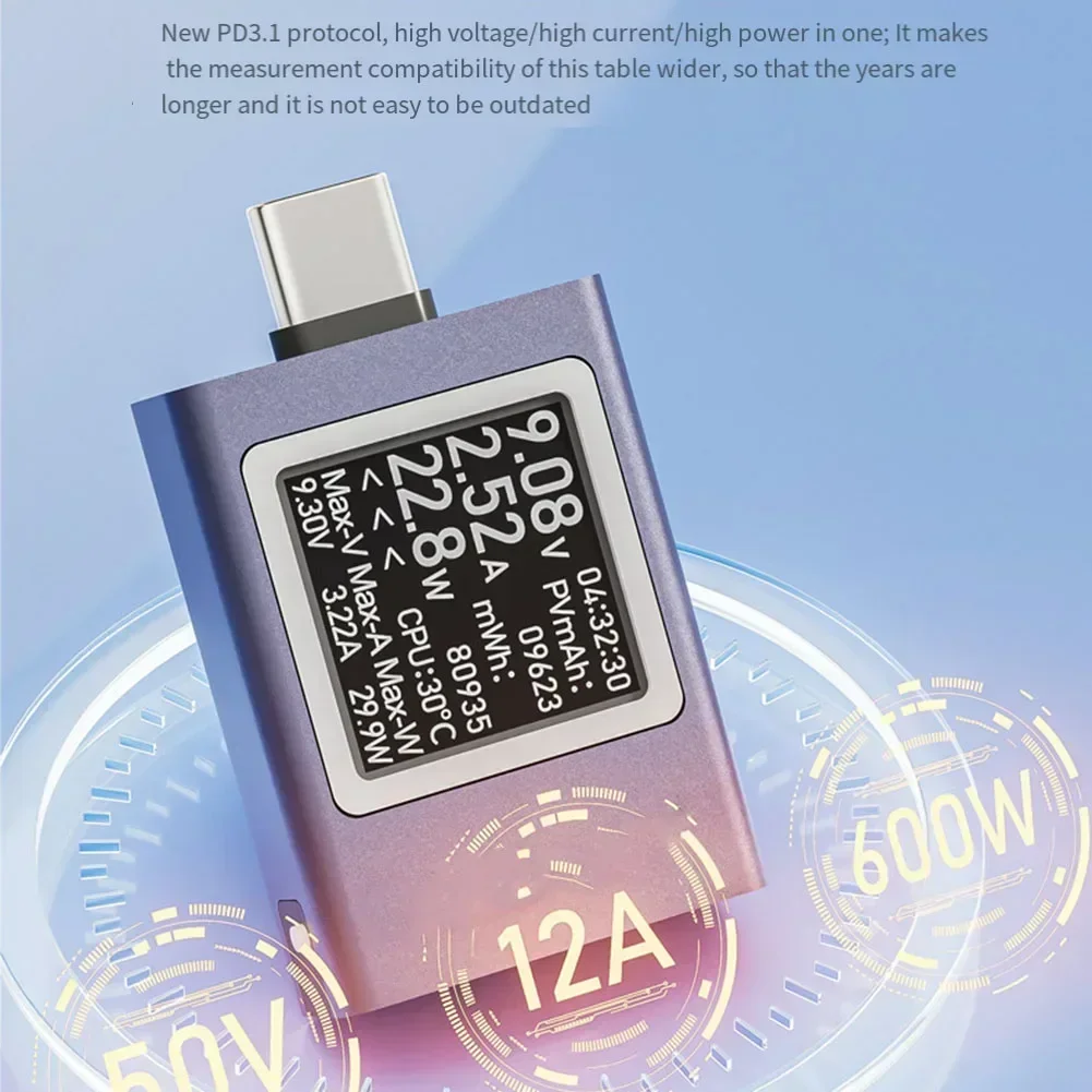 USB C Tester Meter 4.5~50V 0~12A Type-C Voltage Current Tester USB Power Meter Detector Tester Digital Voltmeter Battery Capaci