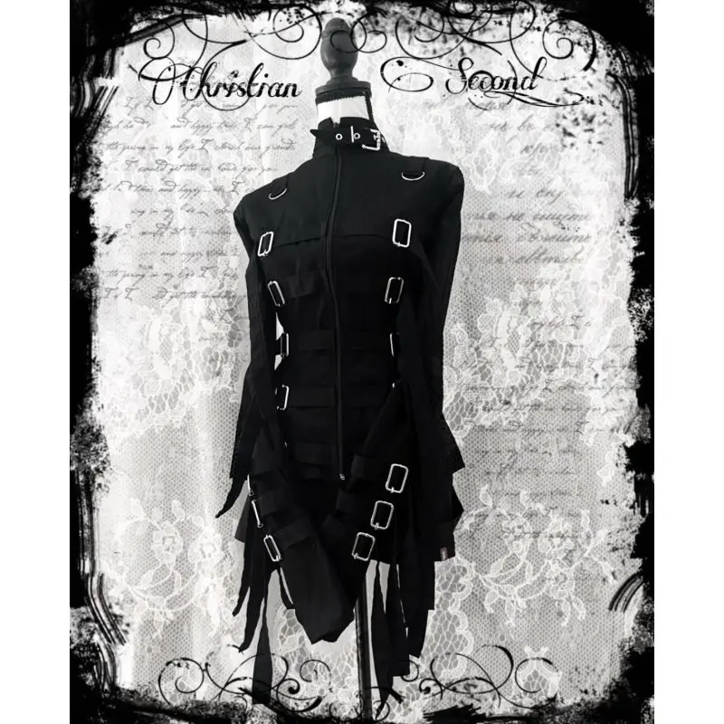 Goth Punk Buckle Strap Top Stand Collar Zip Flare Cuff Slim Long Sleeve Shirt