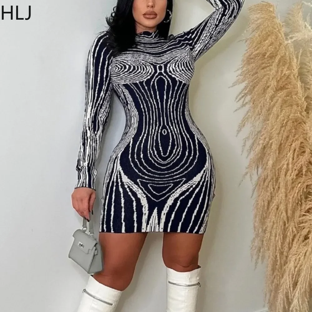 

HLJ Dark Blue Sexy Printing Bodycon Mini Dresses Women Round Neck Long Sleeve Slim Vestidos Fashion Female Club Clothing 2023