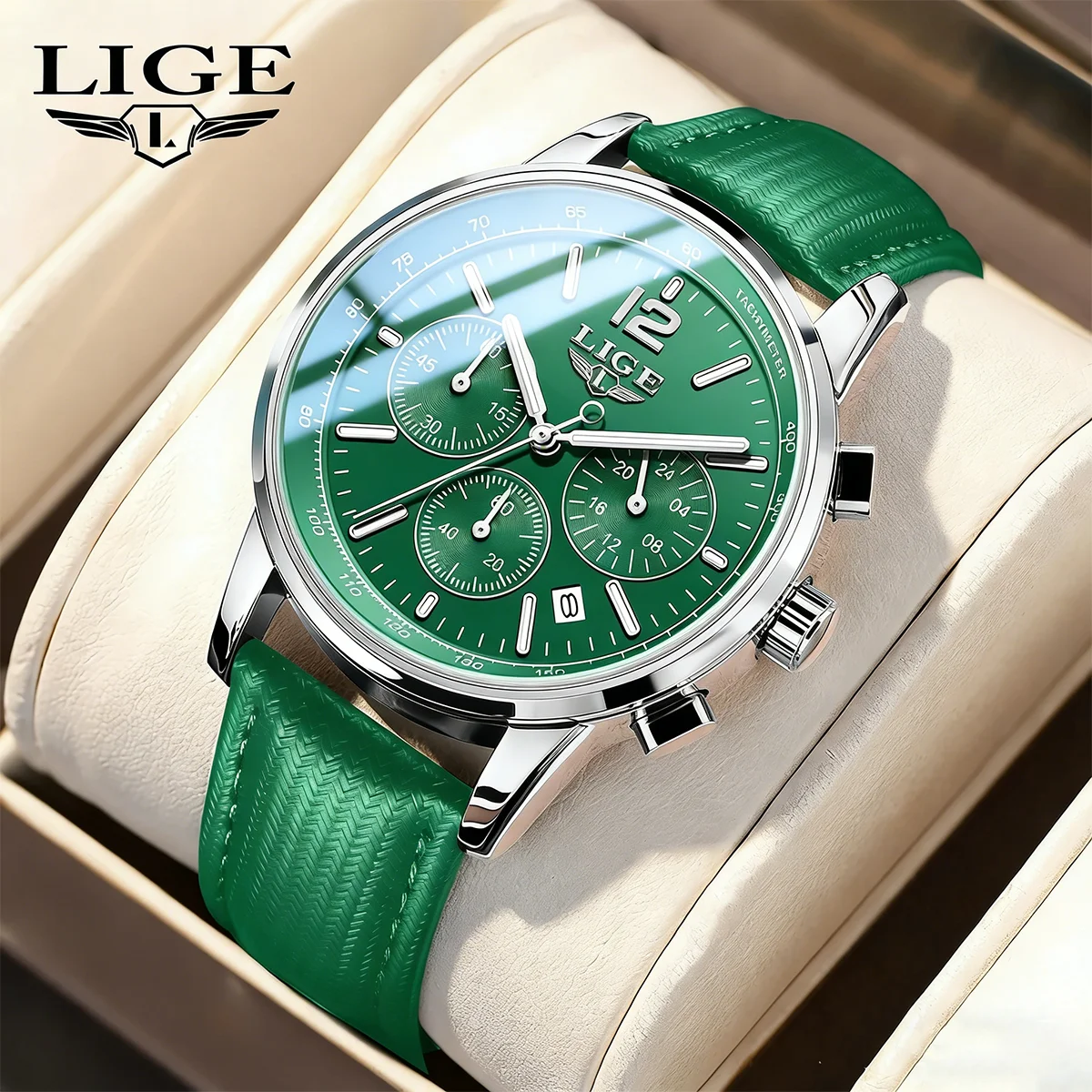 

LIGE Men's Watches Fashion Sports Green Watch For Men Multifunctional Quartz Wristwatches Men Waterproof Leather Reloj Hombre