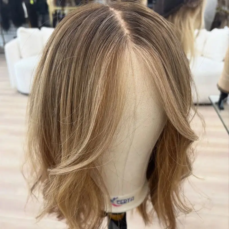 Parrucche Bob sintetiche a onde corte con evidenziazione marrone miele Parrucca ondulata naturale colorata in fibra ad alta temperatura Parrucca bionda con radici scure per le donne