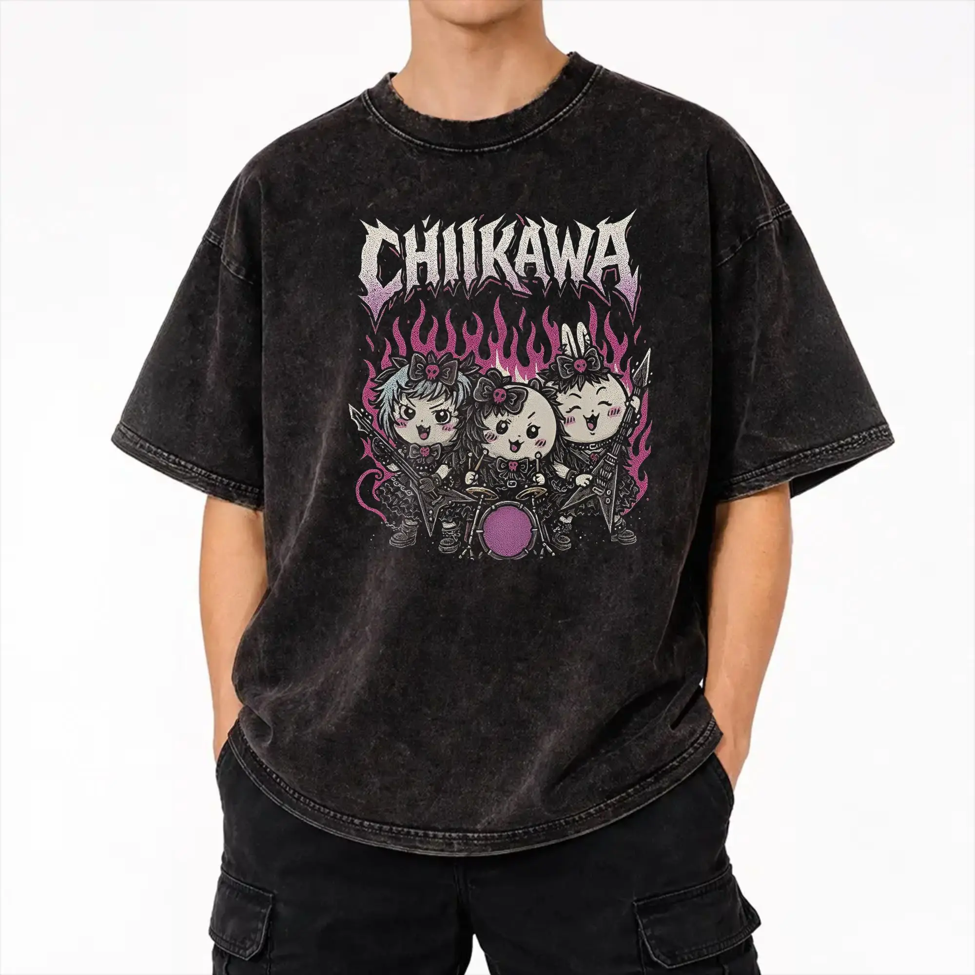 2025 Summer Heavy Metal Chiikawaes Usagi  Washed T Shirt Outfit Harajuku T-Shirt  for Men Women Tees