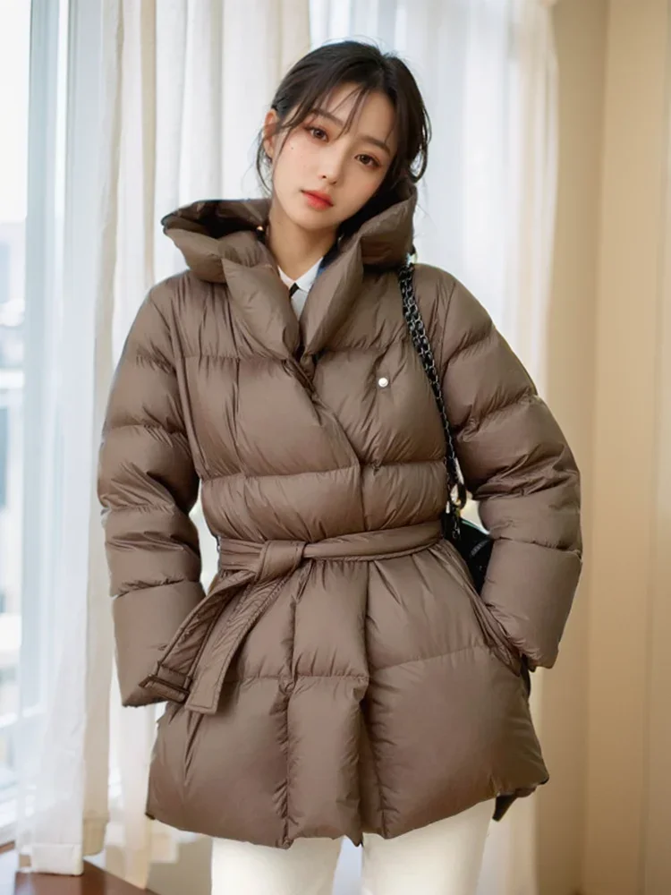 Winter Women\'s Cotton Padded Jackets Ultra Light Warm Casual Coat Female Puffer Jacket With a Belt Hooded Parka Overcoat