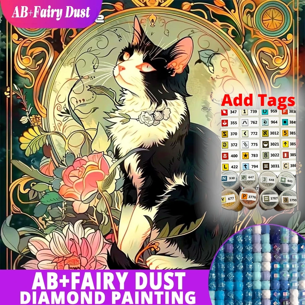 AB Fairy Dust Vintage Diamond Mosaic Tuxedo Cat Floral Ornament Full Square Round Painting Picture Embroidery Wall Art Decor