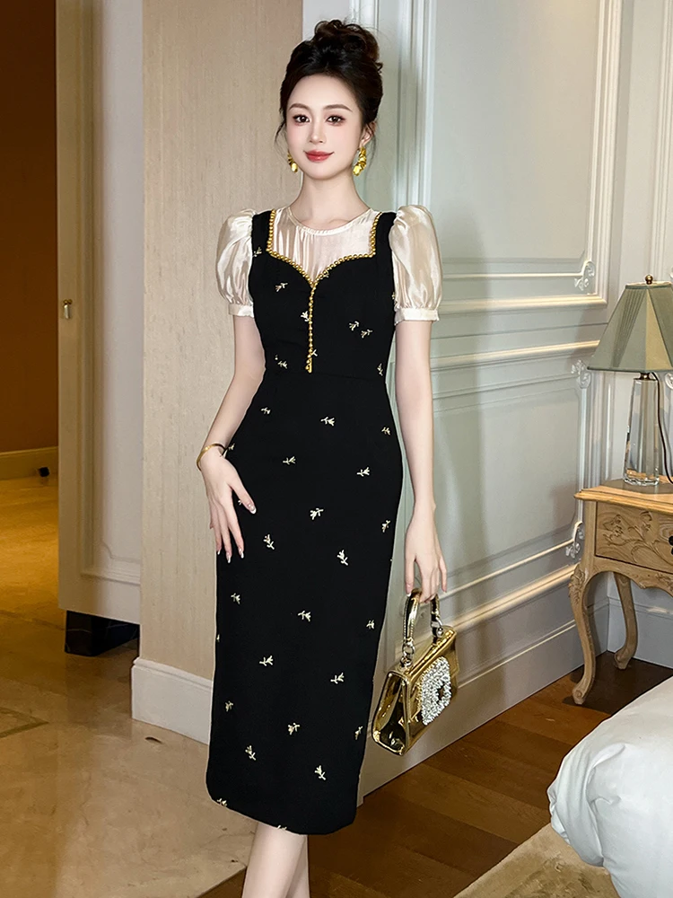 

Elegant Fashion Black Fake 2 Pieces Formal Dress Women Clothes Retro Patchwork Diamonds Midi Robe Female Business Party Vestidos