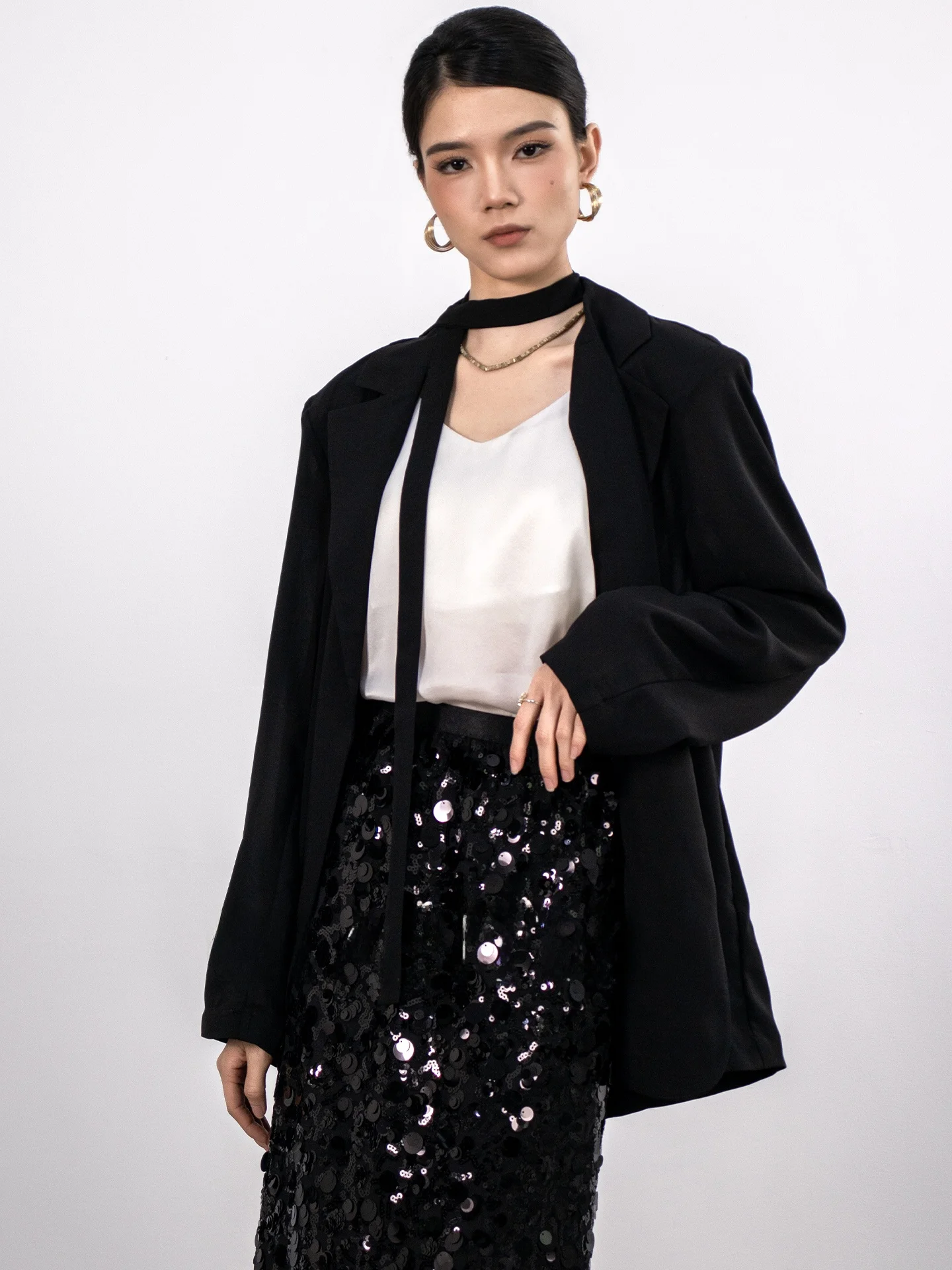 

Женский приталенный пиджак DianThia: тонкий, элегантный, черный, с поясом, длинными рукавами, однотонный, на одной пуговице