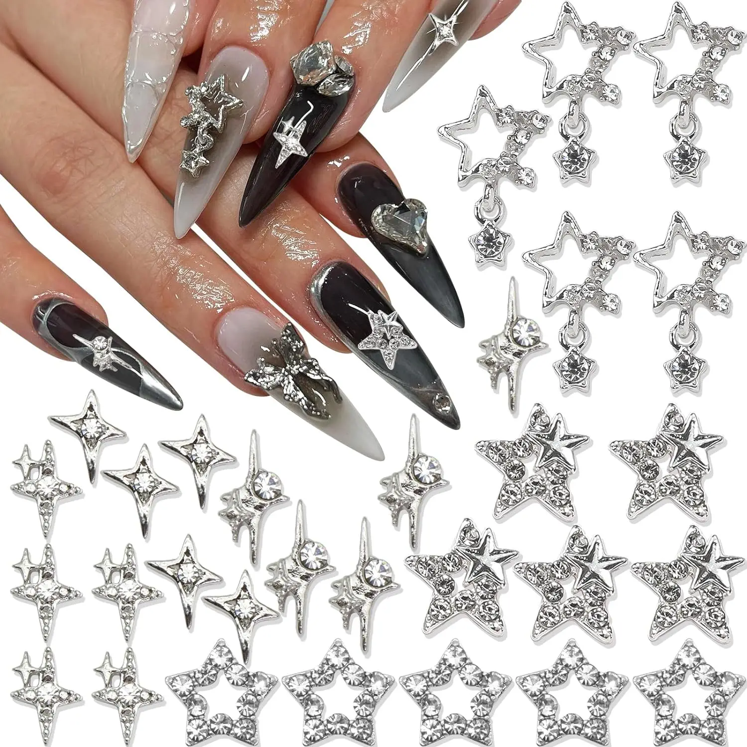 30PCS Silver Star Nail Charms Shiny 3D Stars Nail Gems Starlight Nail Jewelry Y2K Charms for Acrylic Nails Decoration Met