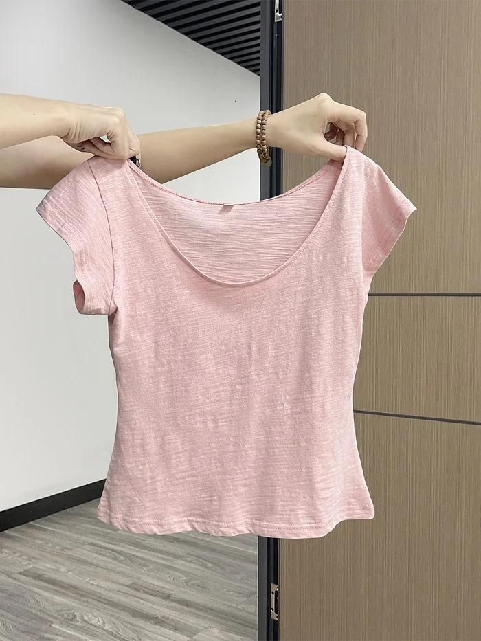 

Korean Style Sweet Spicy Girl Pink Large U Neck Short Sleeve T Shirt Women Summer New Design Sense Expose Clavicle Pure Desir...
