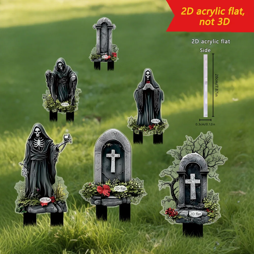 1×Halloween Garden Stake 2D Acrylic Grim Reaper Tombstone Yard Sign Outdoor Lawn Spooky Scary Grave Marker Flower Pot Decoration