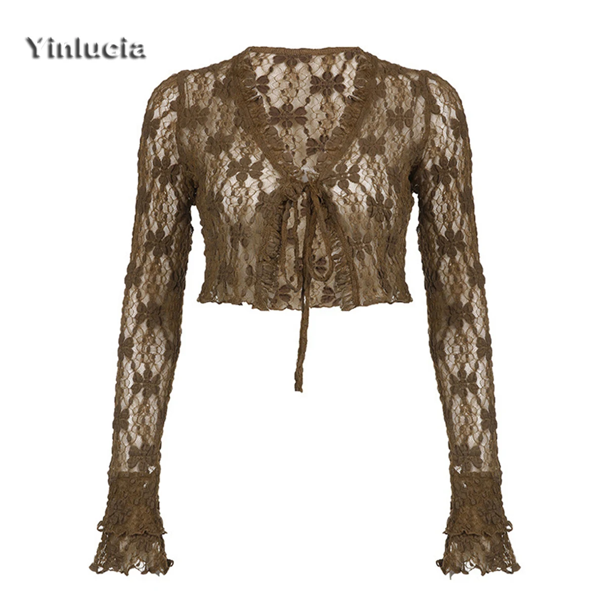 Wasteland Style Lace Cardigan Brown Sexy Slim Shirts Top Soft Breathable Women Blouses Vintage Y2K Casual Street Free Shipping