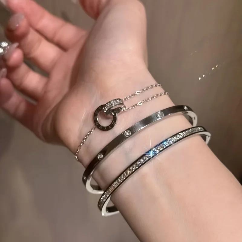 2026 Trendy Titanium Steel Bracelet Stackable Roman Numeral Zircon Cuff Bracelet for Women Luxury Minimalist Jewelry Gift