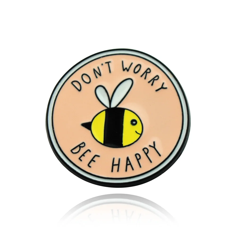 Bee Happy' Brooches Pink Cute Insect Bee Lapel Enamel pins Brooches Badges Clothes Bags pin Gift for Kids Cartoon 'Don't Worry