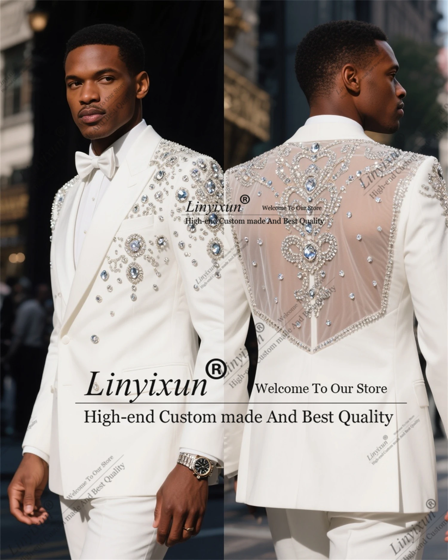 

High-end Design Diamond Ornament Lapel Men Suit Customized Slim Wedding Tuxedos 2 Pieces Sets Groom Male Blazers Ropa hombre