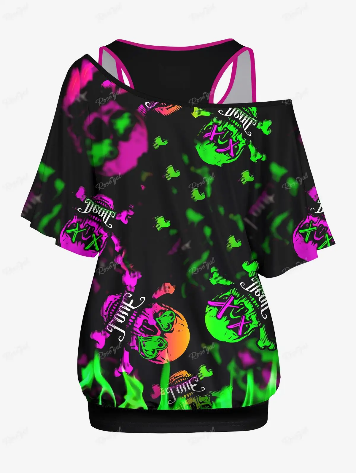 Plus Size T-shirt Set 2024 New XS-6X Y2K Solid Racerback Tank Top and Skew Neck Batwing Sleeves Ombre Skulls Fire Printed