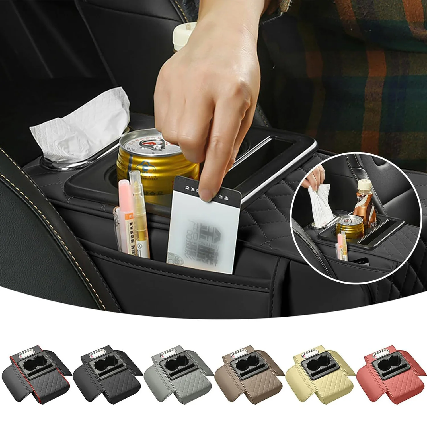 

Auto Car Center Console Armrest Cushion With 2 Cup Holder Pocket Tissue PU Leather Memory Cotton Elbow Car Amrest Box Height Pad